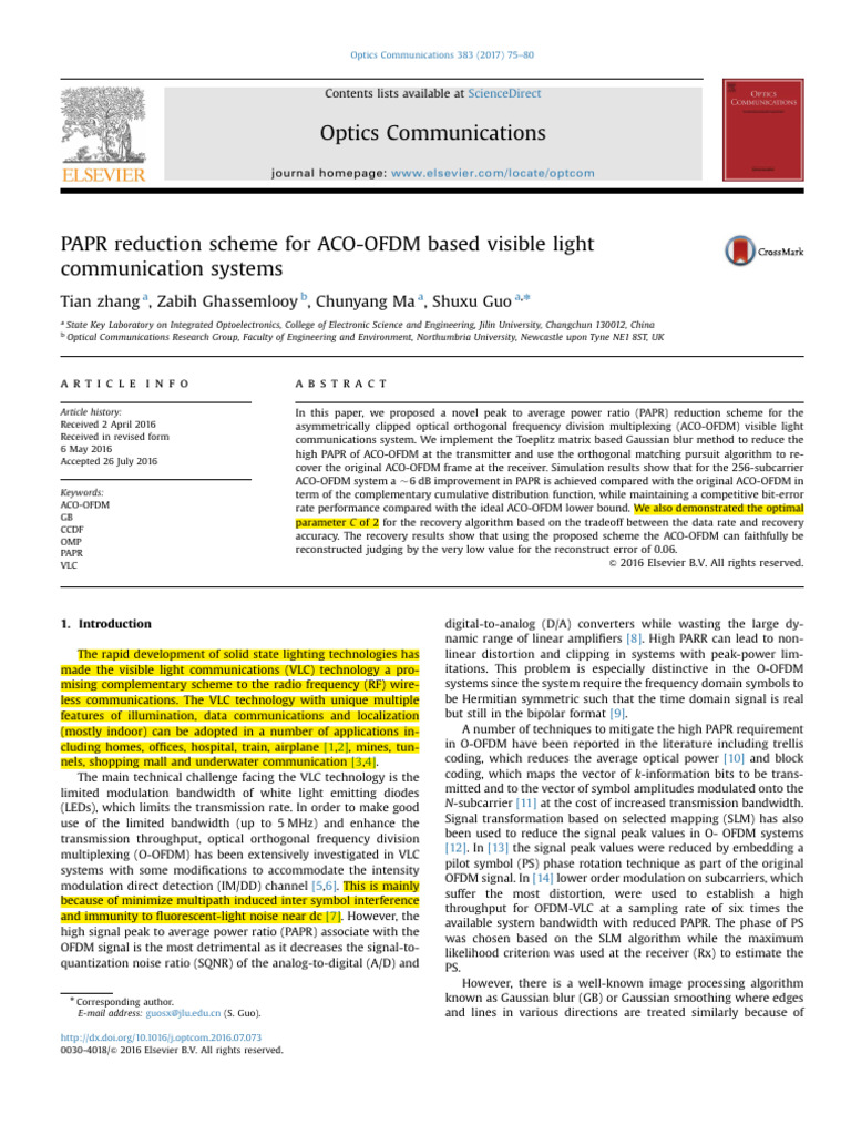 PAPR Reduction in ACO-OFDM VLC Systems | PDF | Orthogonal Frequency ...