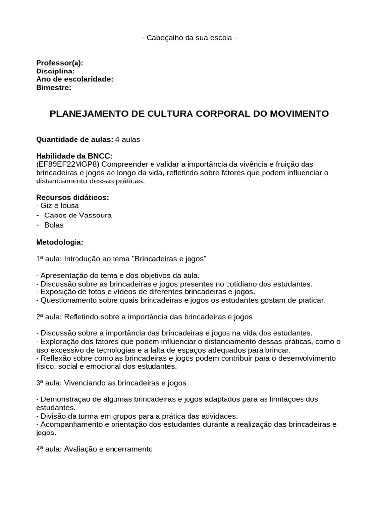Cultura Corporal Do Movimento 01 (Aulas Inclusivas) | PDF