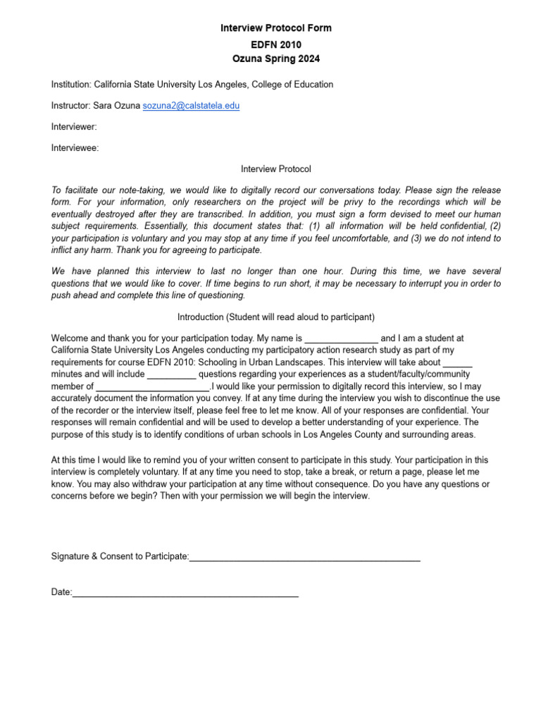 Edfn 2010 interview protocol form template spring 2024 pdf interview