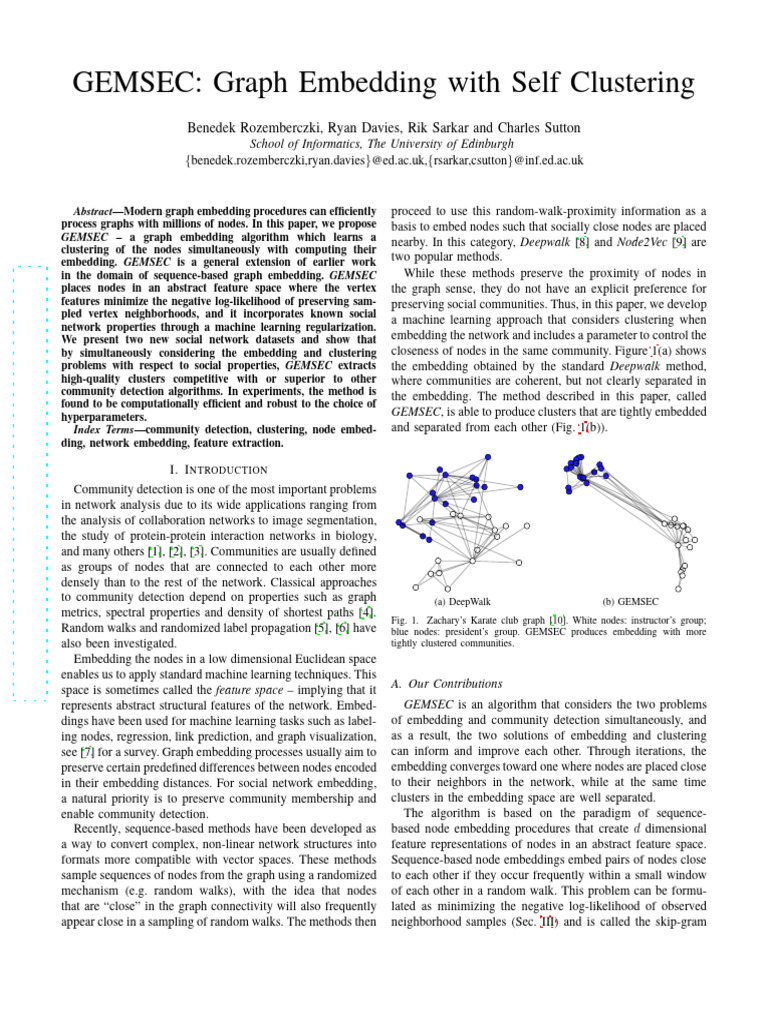 GEMSEC: Graph Embedding & Clustering | PDF | Cluster Analysis | Applied ...
