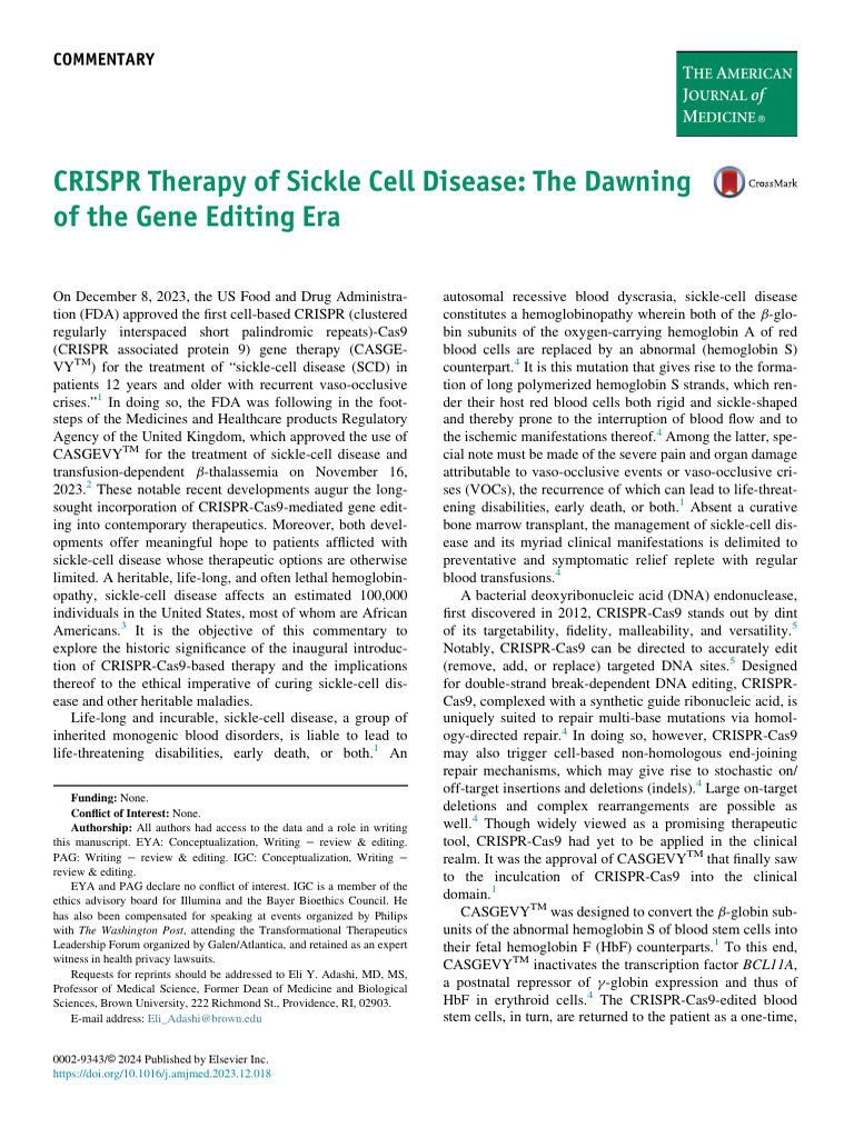 CRISPR Therapy of Sickle Cell Disease The Dawning of The Gene Editing ...