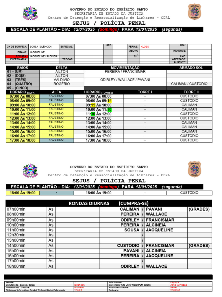 Escala de Plantão CDRL 12-13/01/2025 | PDF