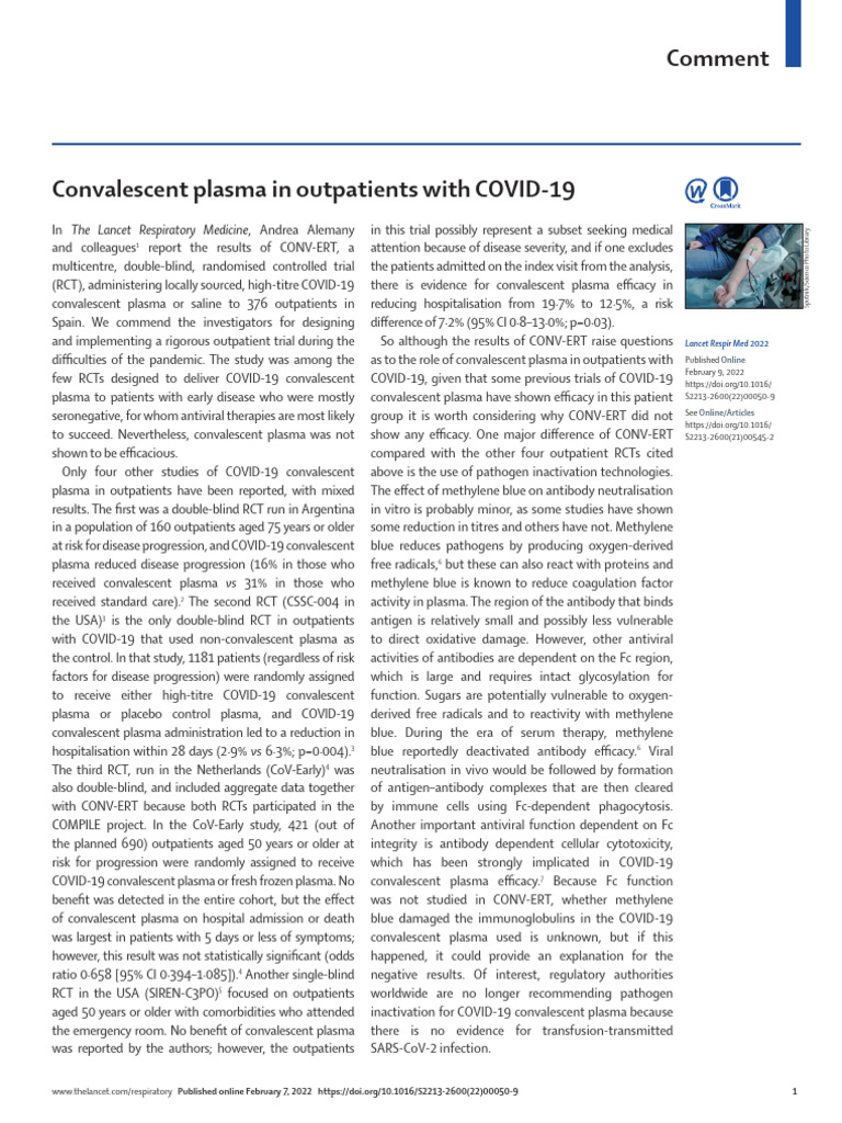 Efficacy of Convalescent Plasma in COVID-19 | PDF | Randomized ...