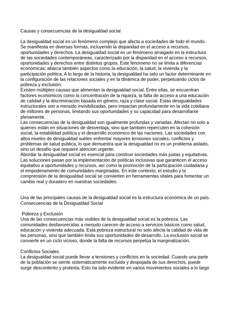 Causas y Consecuencias de La Desigualdad Social Ensayo | PDF | Pobreza ...