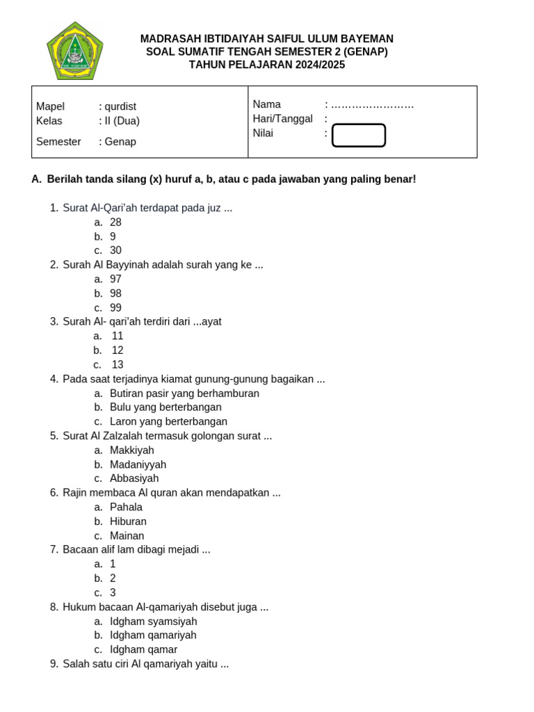 Soal Sumatif MI Saiful Ulum 2024/2025 | PDF