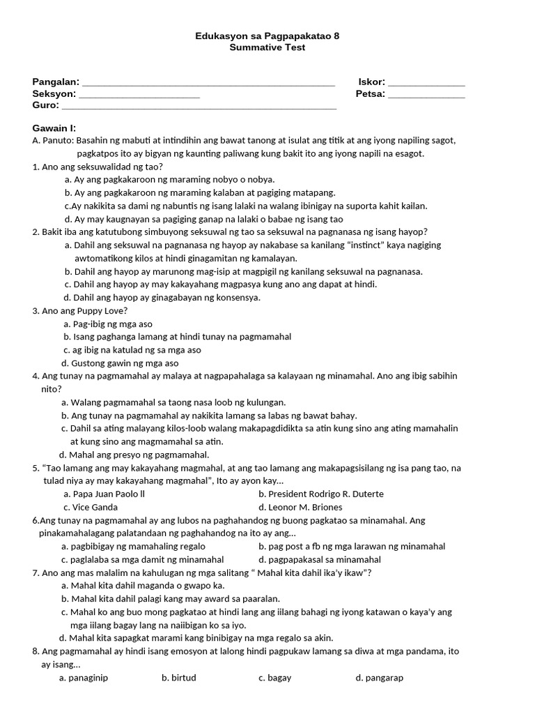 Summative Test 4th Grading EsP 8 | PDF