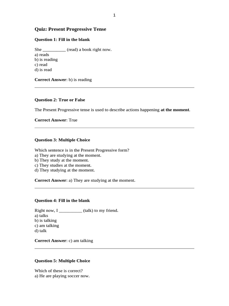 Quiz Present Progressive Tense | PDF | Linguistics