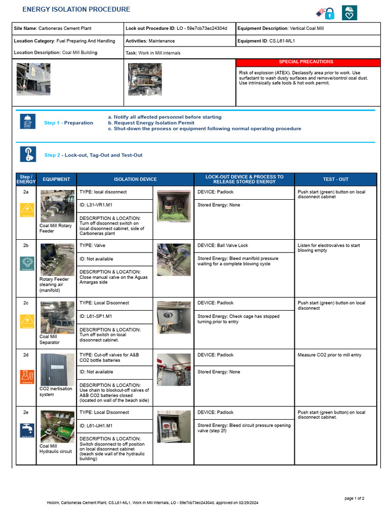 Energy Isolation Procedure for Coal Mill | PDF | Valve | Switch