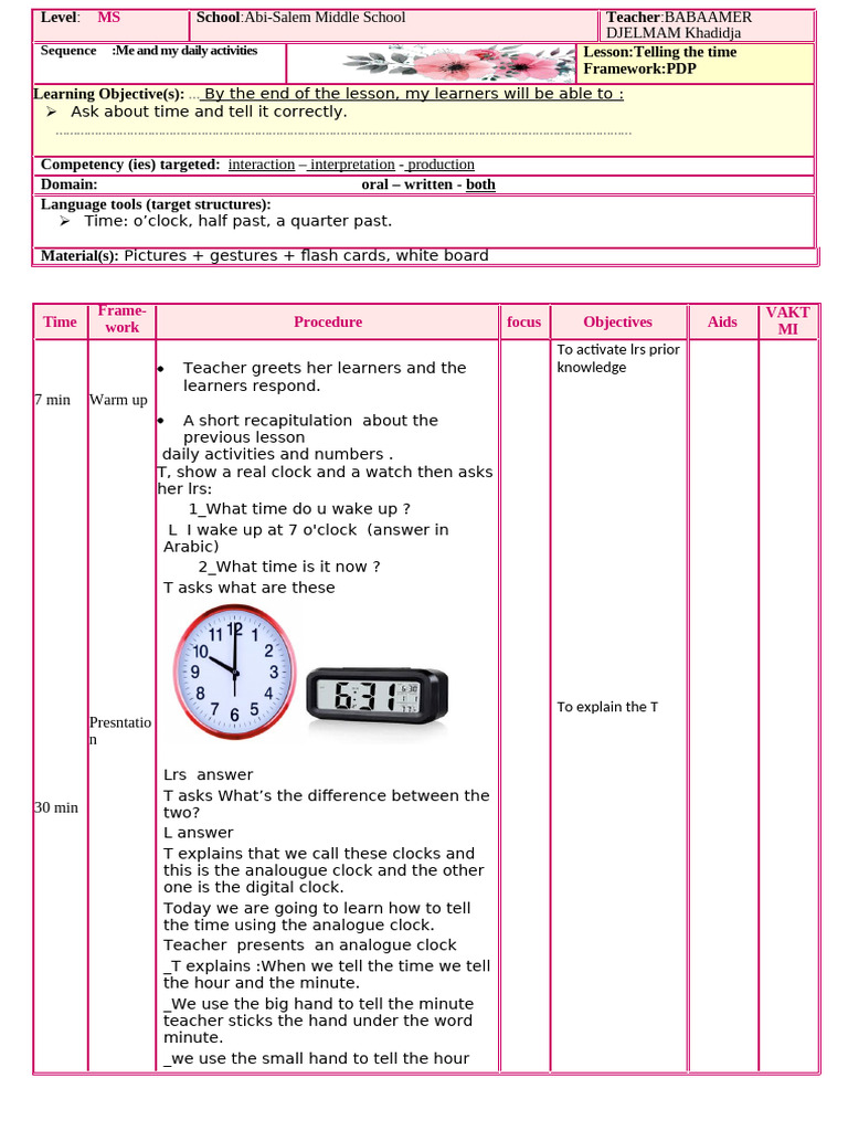 Teaching Time: Activities for MS Students | PDF | Communication ...
