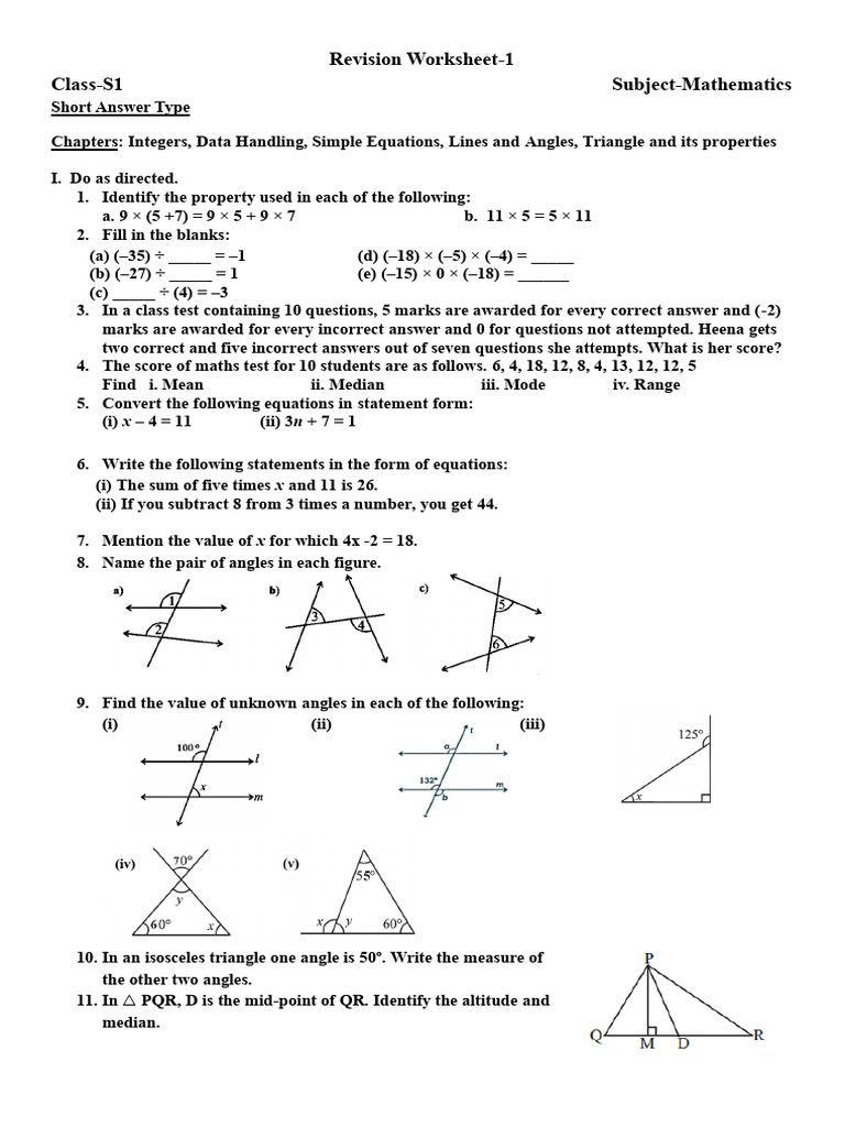 Revision Worksheet-1 Class-S1 Subject-Mathematics | PDF