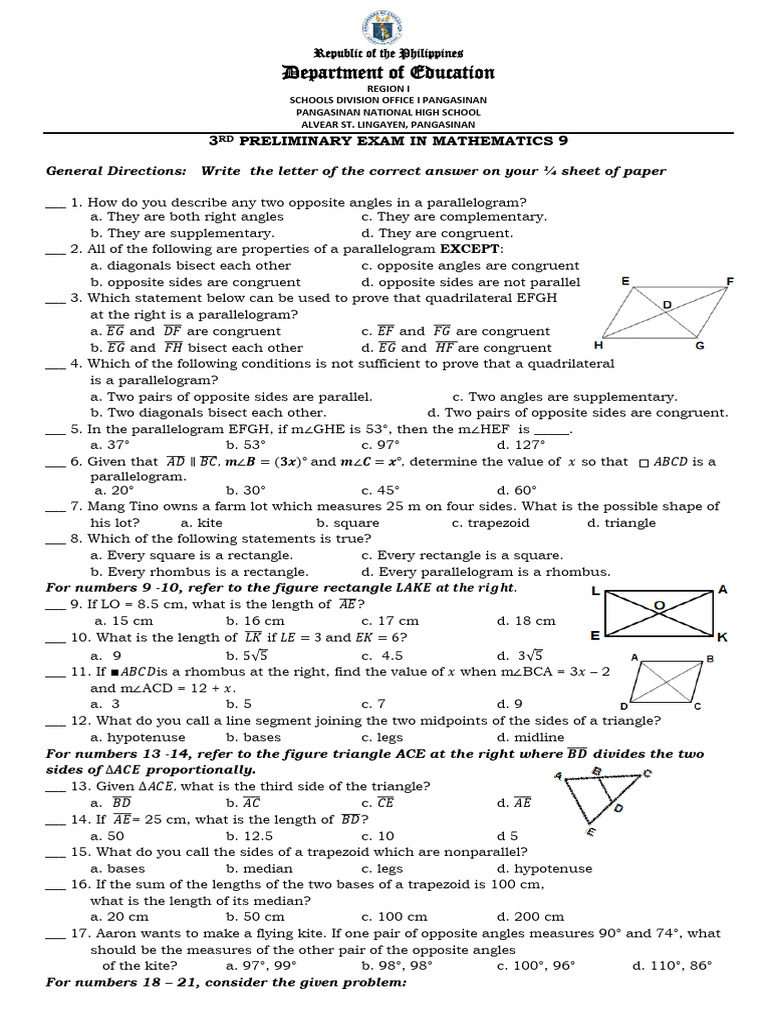 3rd QE in Math 9 - Prelims | PDF | Classical Geometry | Mathematics