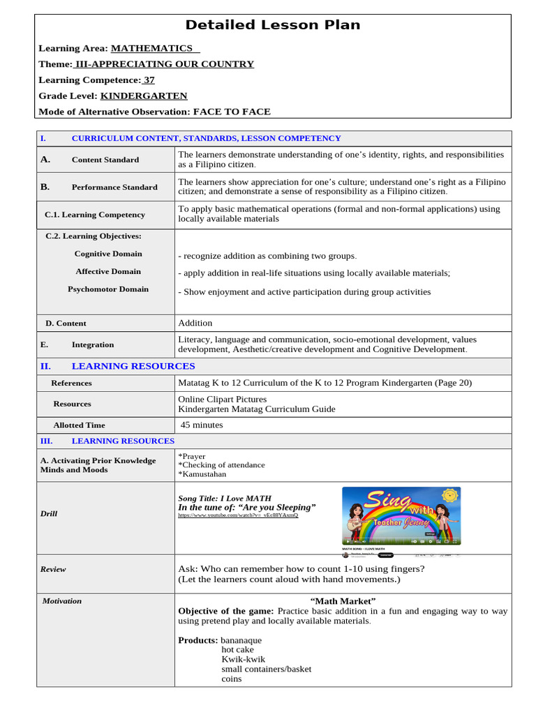 Matatag 2024 Lesson Plan Kindergarten-Q3 - 37 | PDF | Learning | Curriculum