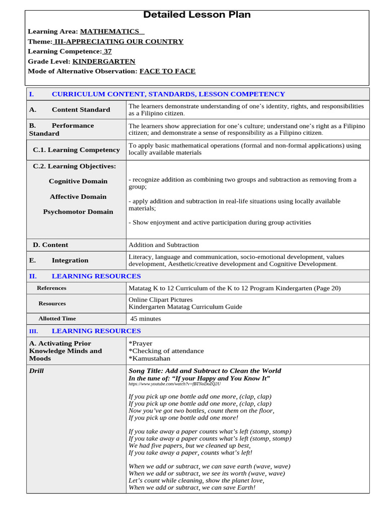 Matatag 2024 Lesson Plan Kindergarten-Q3 - 37 | PDF | Learning | Curriculum
