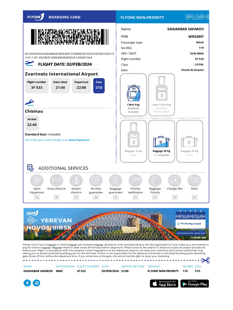 FlyOne Flight 3F 533 Boarding Pass | PDF | Transport | Aviation