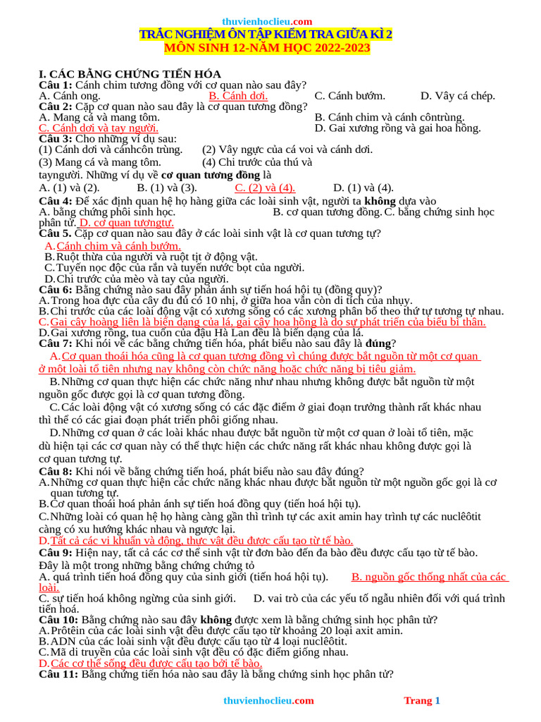 Trac Nghiem On Tap SINH 12 Giua Hoc Ky 2 Nam 22 23 | PDF