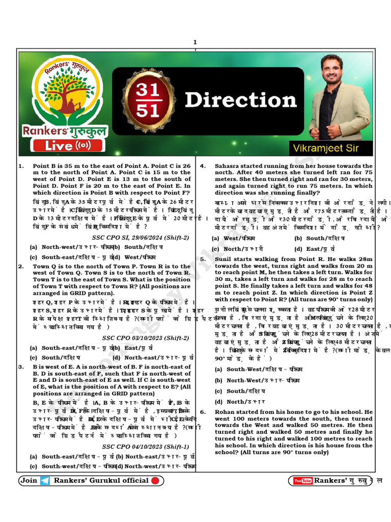 Directional Reasoning Problems for SSC CPO | PDF