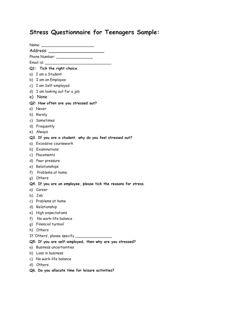 Stress Questionnaire For Teenagers Survey PDF WorkLife Balance