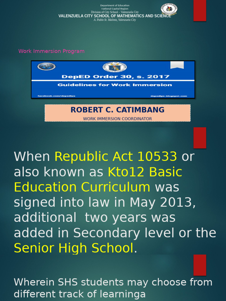 Work Immersion Program for SHS Students | PDF | Science, Technology ...
