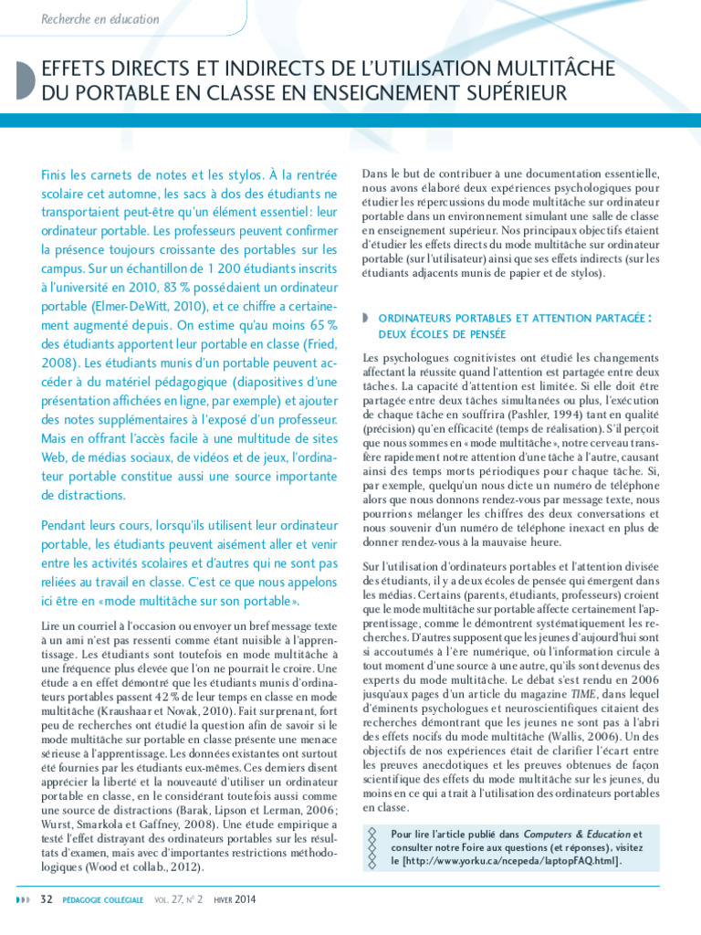 Effets du multitâche en classe | PDF | Pédagogie | Psychologie