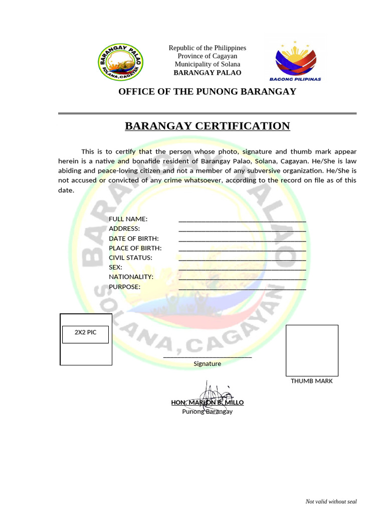 Barangay Palao Residency Certification | PDF