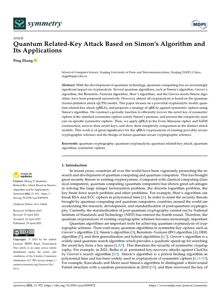 Quantum Related-Key Attack Based On Simons Algori | PDF | Quantum ...