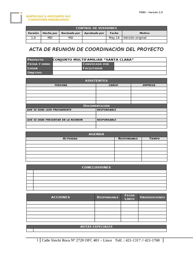 Plantilla Acta de Reunión de Coordinación Del Proyecto | PDF