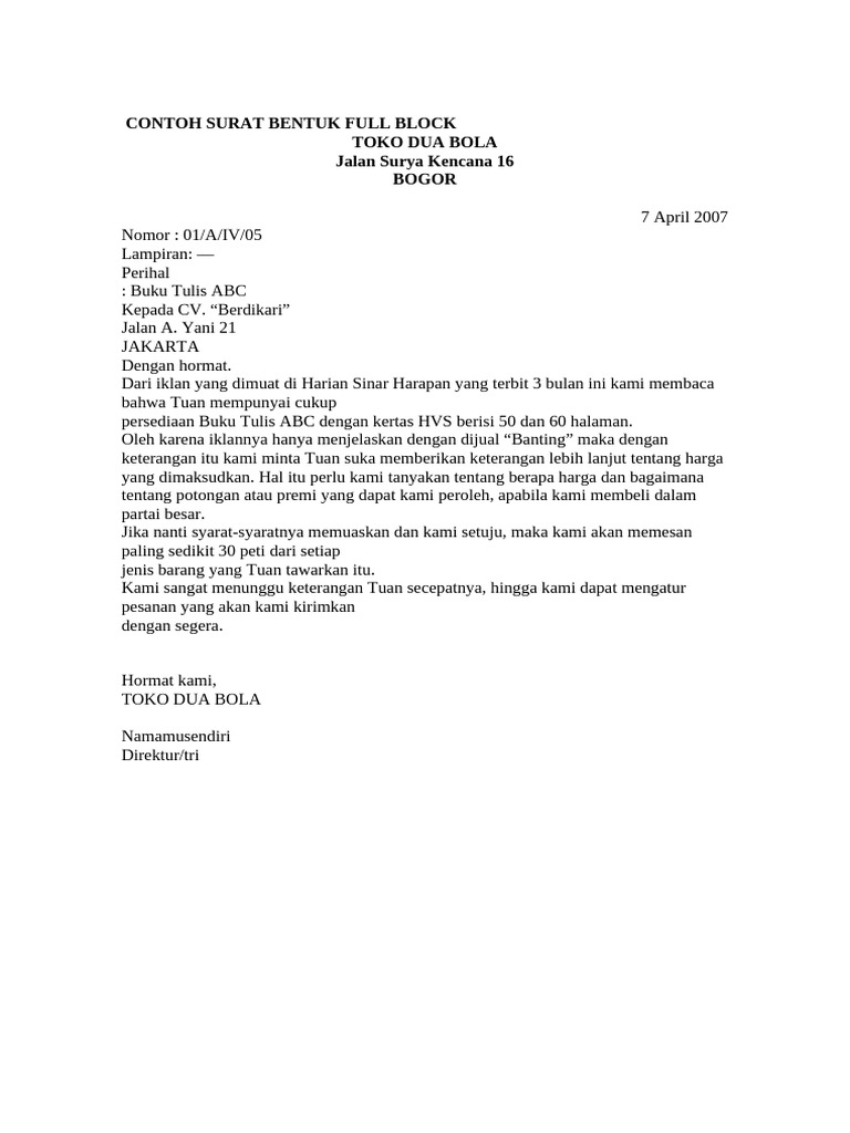 Contoh Surat Full Block Style | PDF