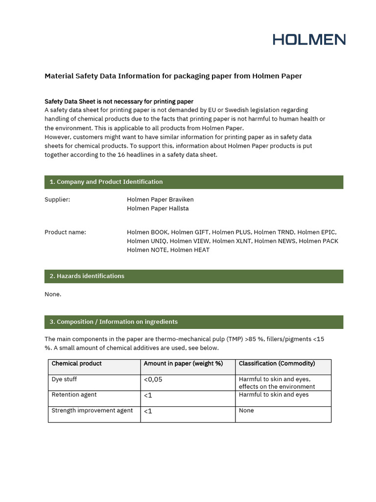 Curated visual reference: Visual Reference: Holmen Paper Safety Data Overview Pdf Paper