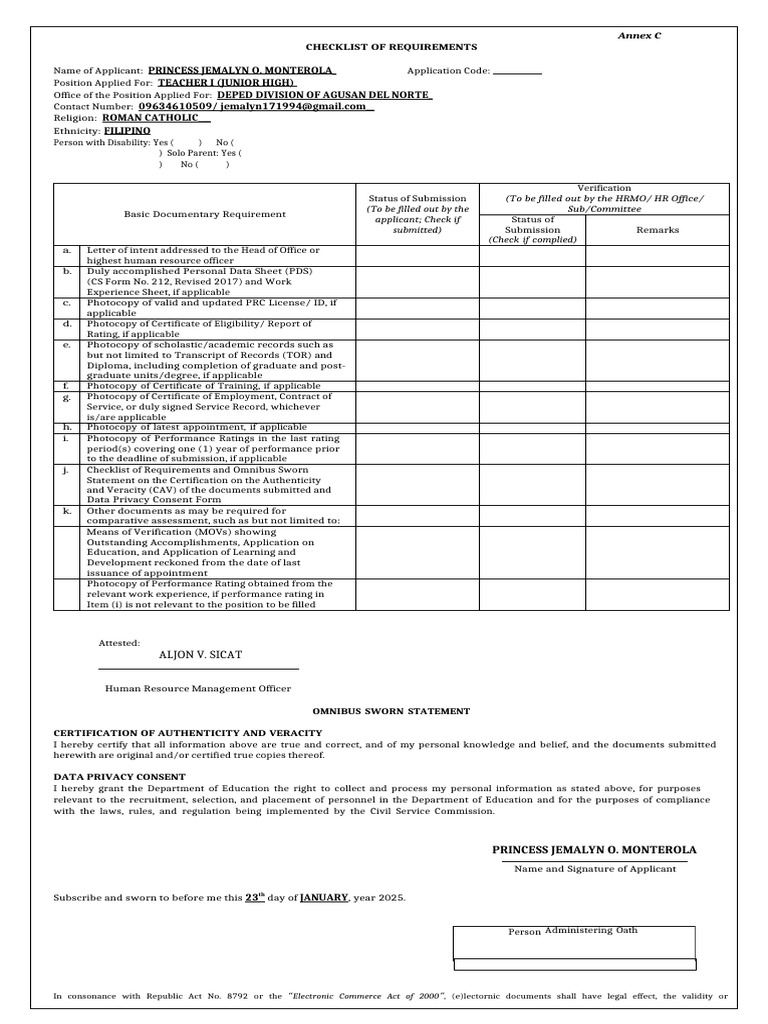 Application Checklist of Requirement | PDF
