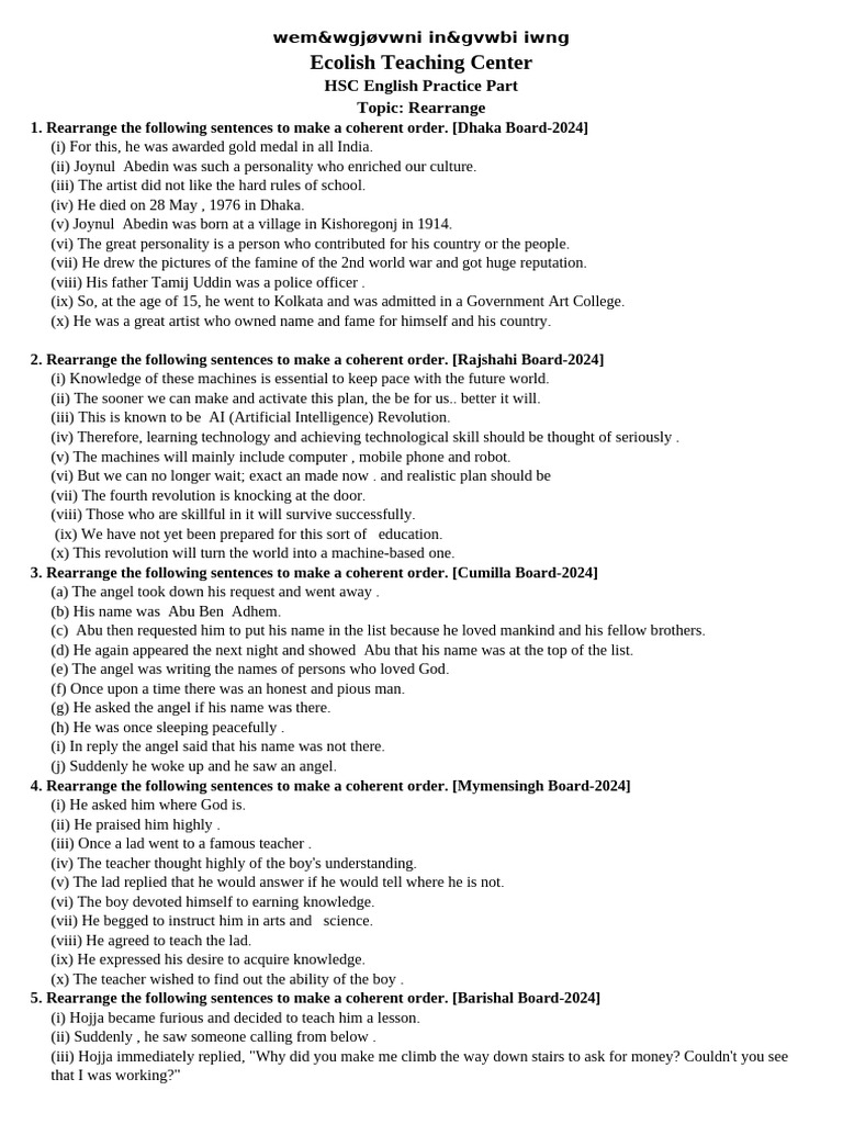 HSC 2024 Rearrangement Practice Questions | PDF