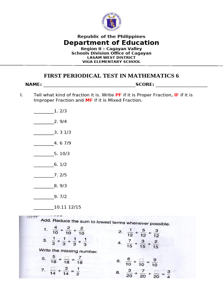 Math Test for Grade 6: Fractions | PDF