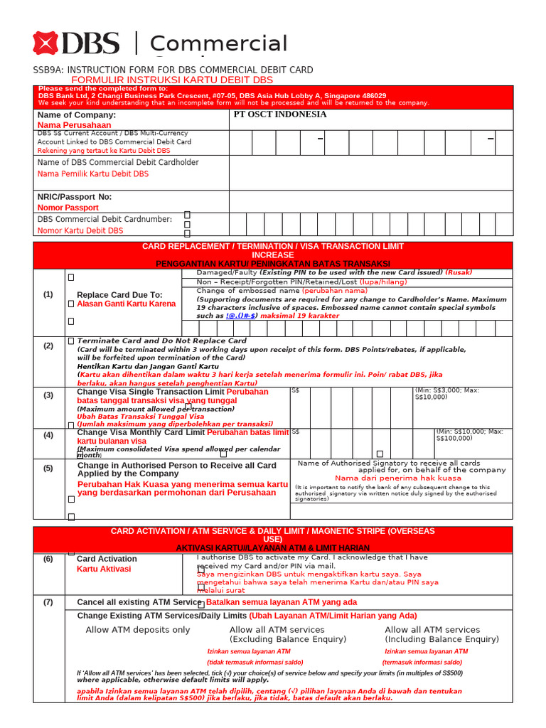 DBS Commercial Debit Card Instruction Form | PDF | Debit Card | Credit Card