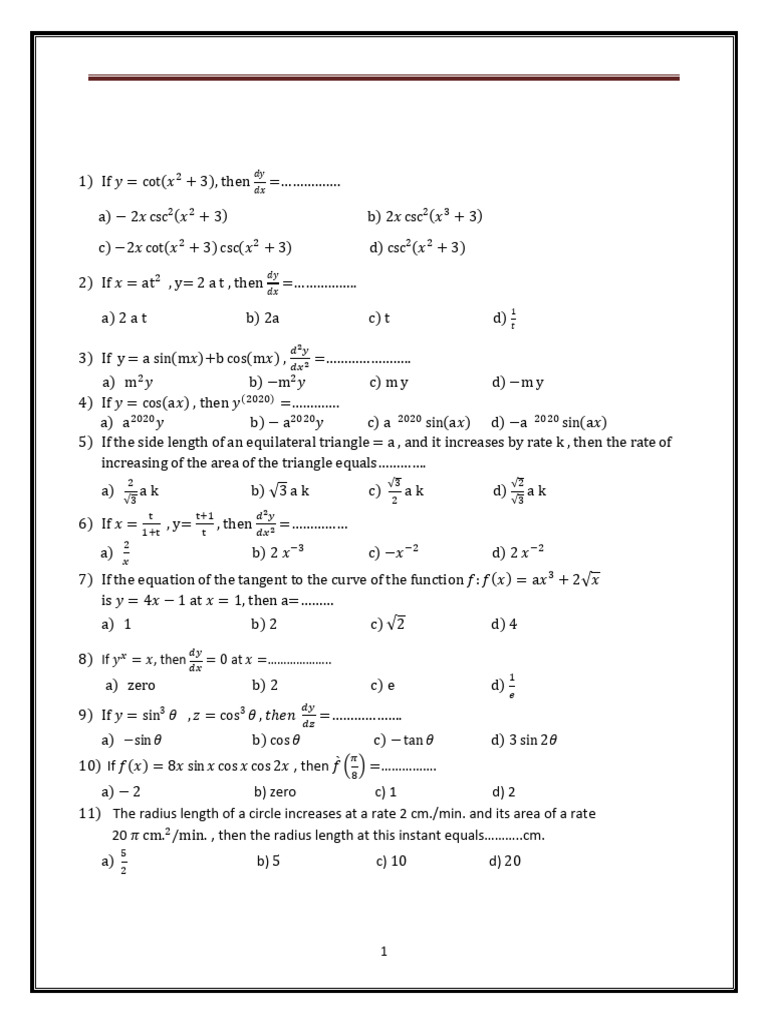 Calculus Test Questions 2024-2025 | PDF | Circle | Area