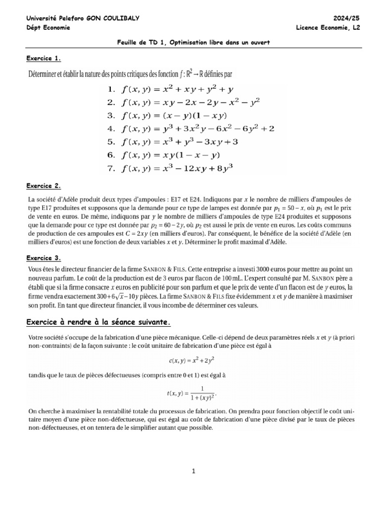 TD Économie : Optimisation sous contraintes | PDF | Optimisation ...