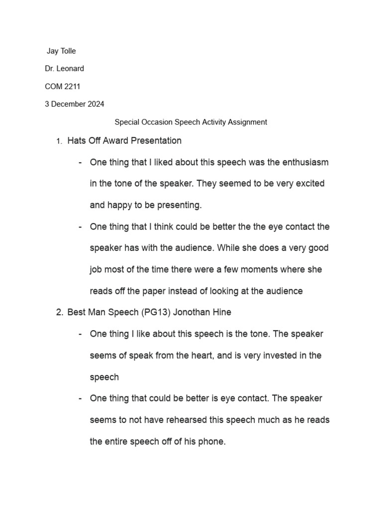 Special Occasion Speech Activity Assignment | PDF