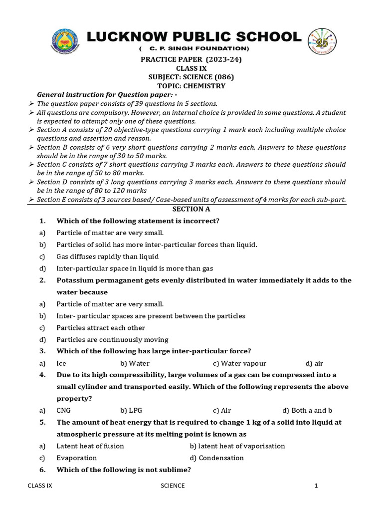 PRACTICE PAPER -CLASS IX CHEMISTRY (2) | PDF | Water | Liquids