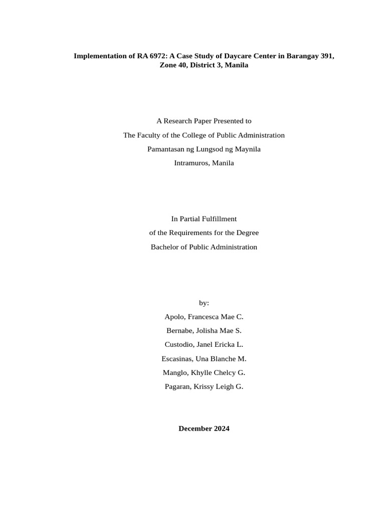 RA 6972 Implementation in Barangay 391 | PDF | Child Care | Early ...