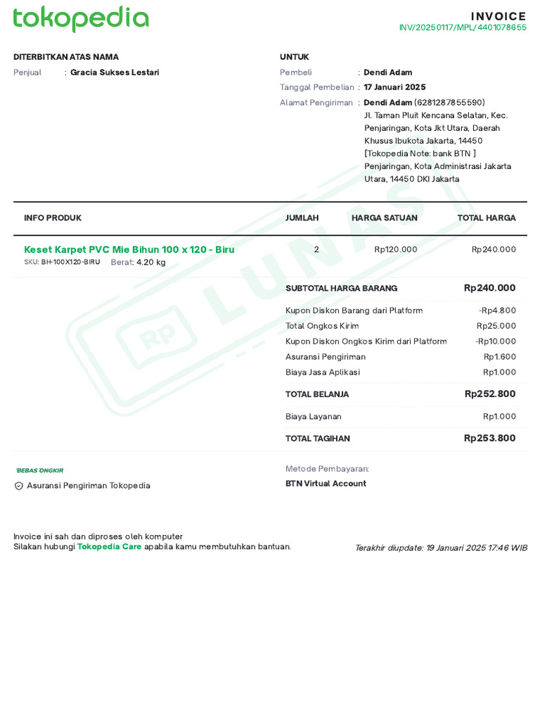 Invoice Pembelian Keset PVC Biru 2025 | PDF