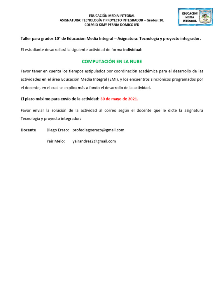 Taller de Computación en la Nube EMI 10° | PDF | Computación en la nube ...