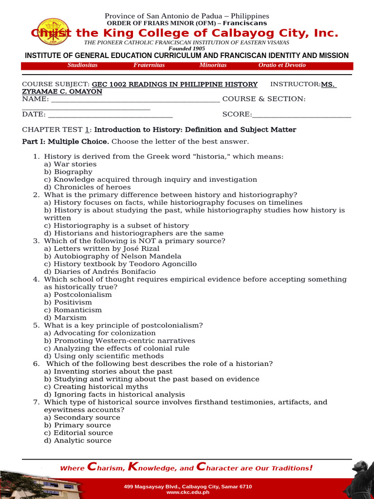Philippine History Readings Test Guide | PDF | Historiography | Historian