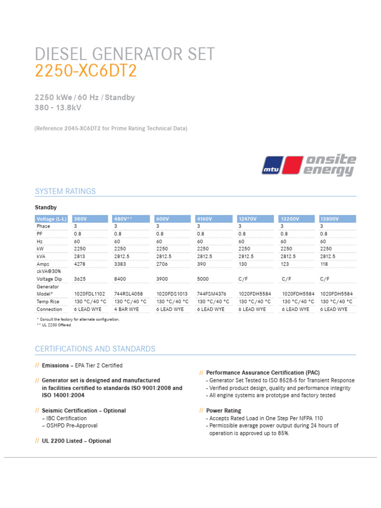 2250 kWe Diesel Generator Set Specs | PDF | Engines | Electric Generator