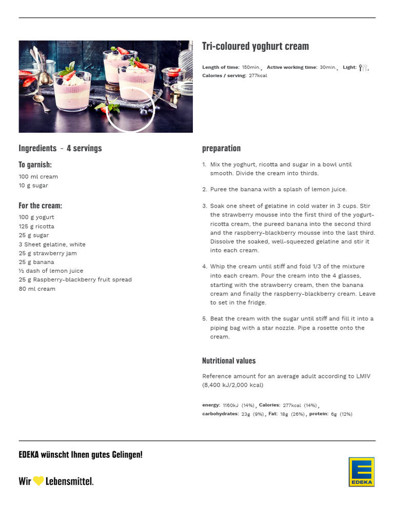 Tri-Coloured Yoghurt Dessert Recipe | PDF | Yogurt | Calorie