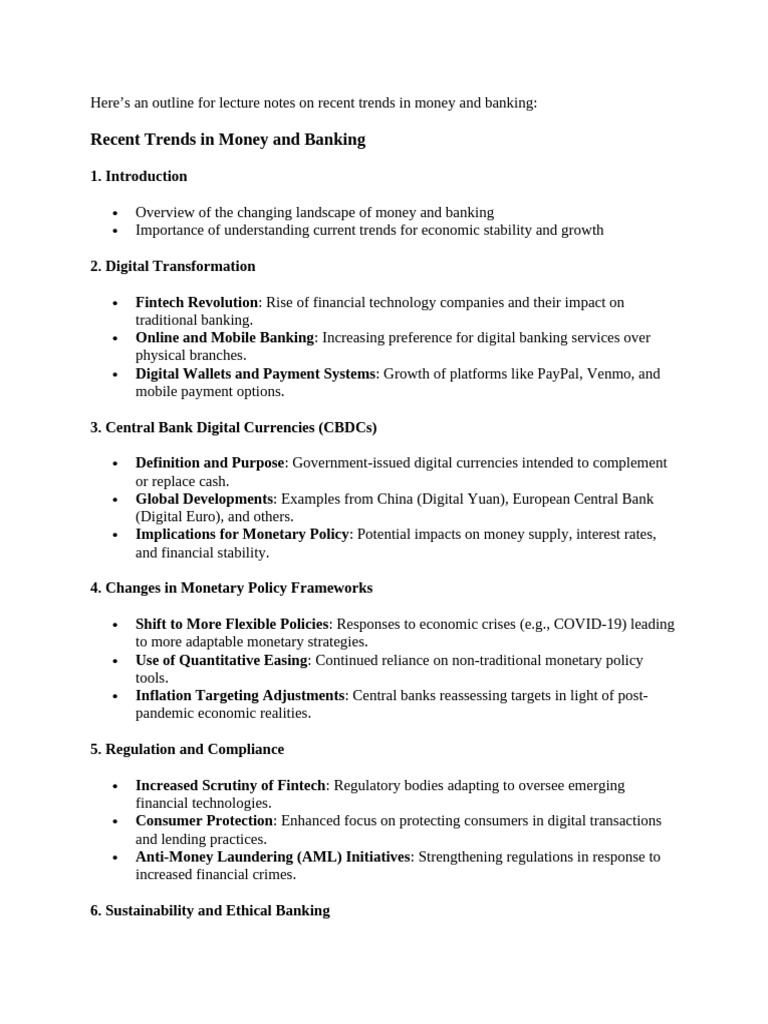 Recent Trends in Money & Banking Lecture Notes Brief Outline | PDF ...