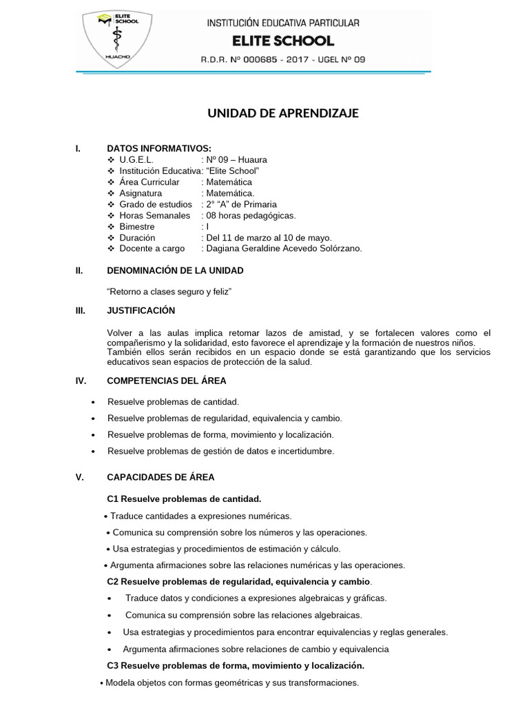 Unidad de Aprendizaje de Matemática-Bimestre I | PDF | Evaluación | Datos