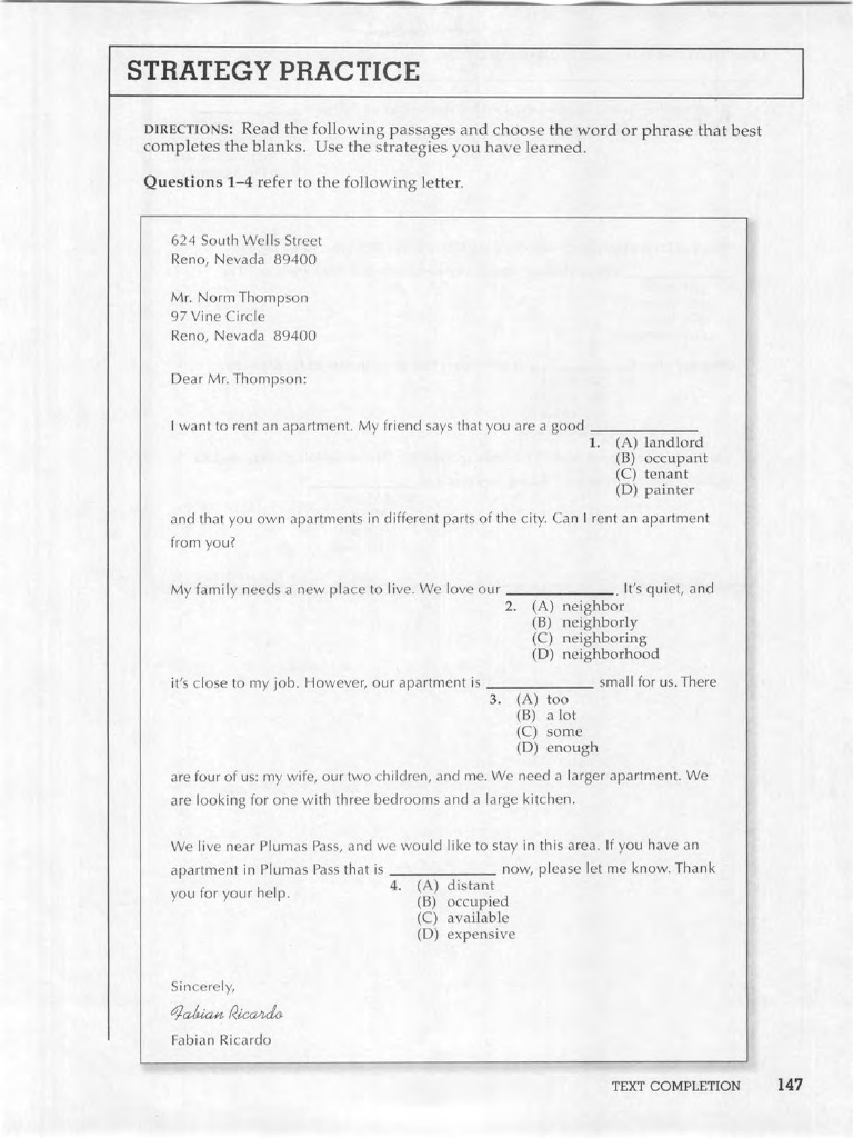 Practice Text Completion Exercises | PDF | Apartment