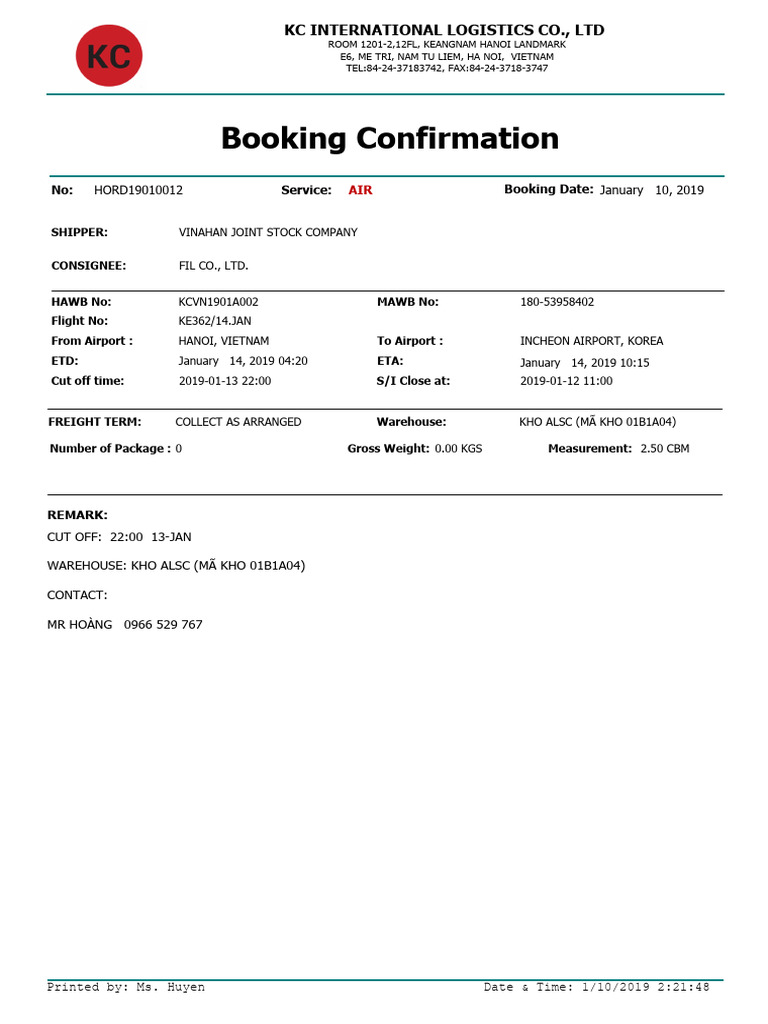 Air Freight Booking Confirmation | PDF