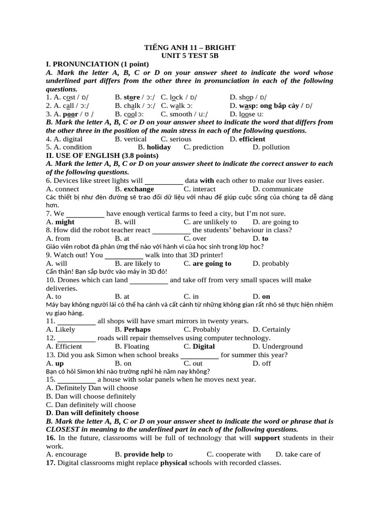 Bright 11 Test 5B (23-12-2022) | PDF | Teachers | Car