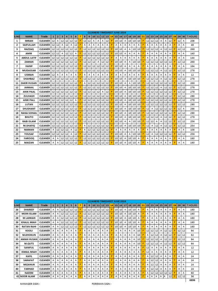 June 2024 Cleaners Timesheet | PDF