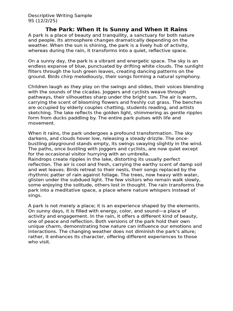 Descriptive Writing: A Park's Beauty | PDF | Rain