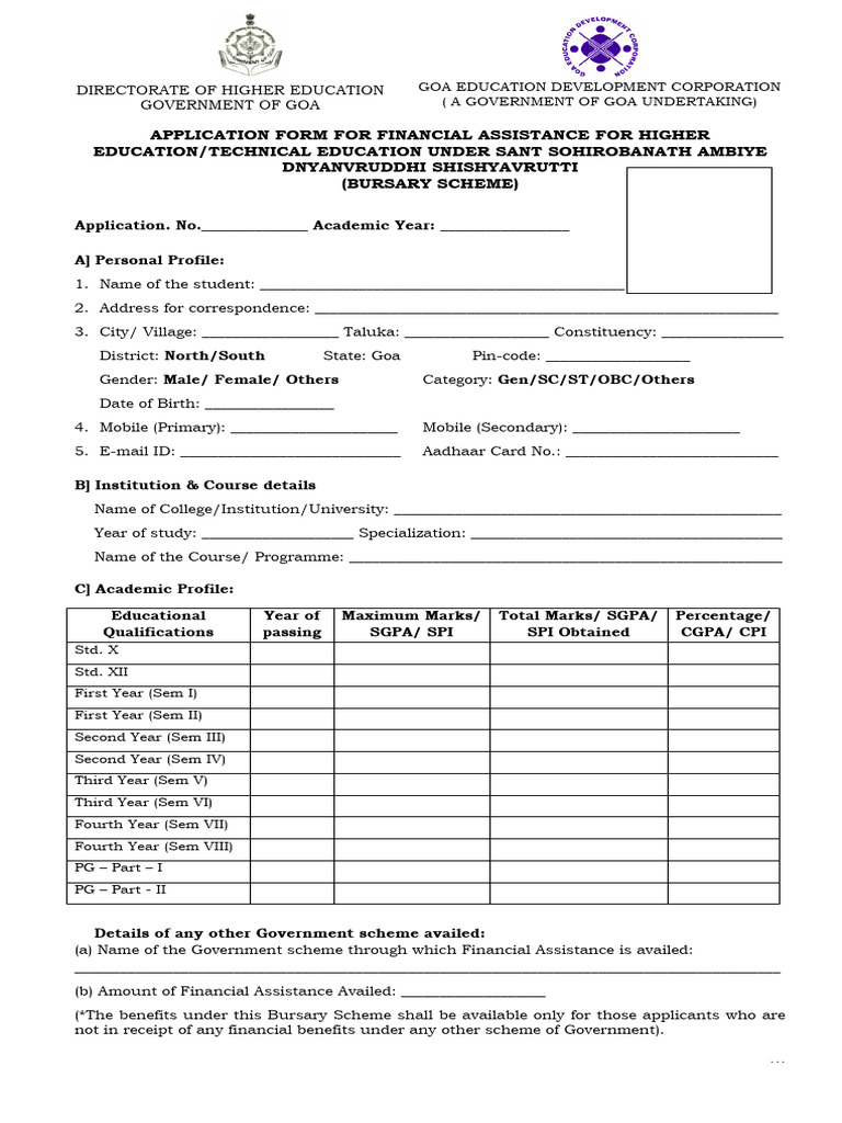 Goa Bursary Scheme Application Form | PDF
